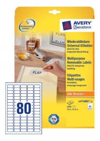 Etikett címke Avery Zweckform 35.6x16.9 mm univerzális címke visszaszedhető 25 ív 2000 db/csomag L4732
